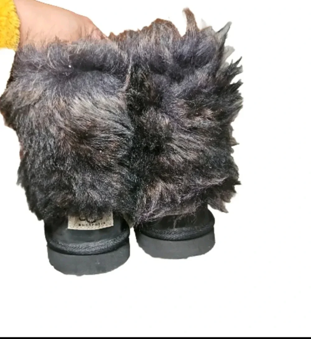 UGG Australia Big Girls Black Leather Ellee Fur Trim Boot 3